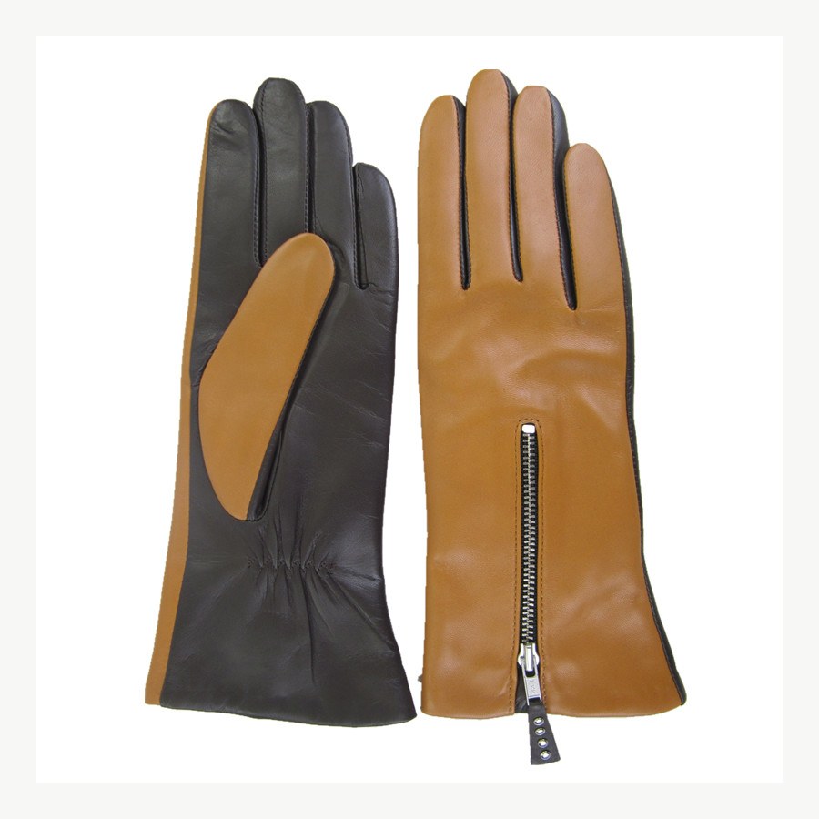 Tan and black fashion leather gloves with zipper detail